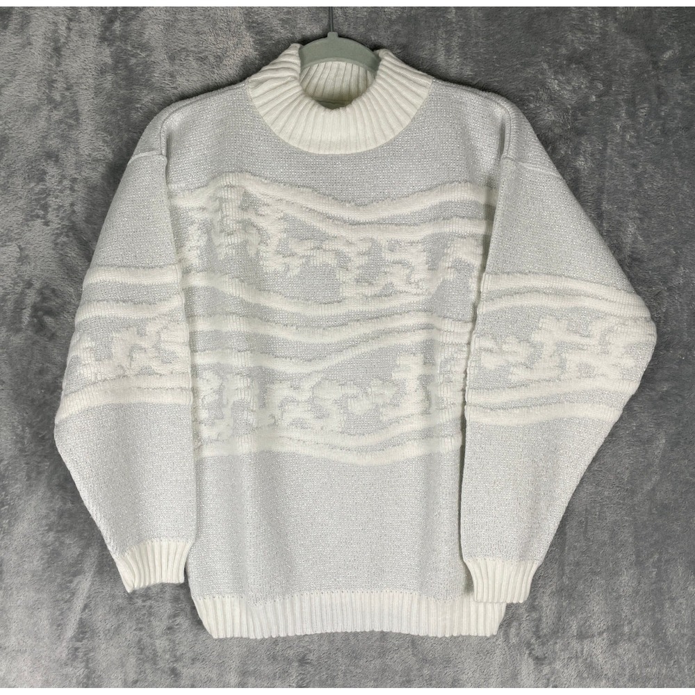 Alicia Sweater Womens L White Silver Excellent Vintage Lurex Mock Neck Metallic